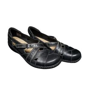 Clarks Ultimate Comfort Black Leather Mary Jane Loafers Adjustable Strap Shoes
